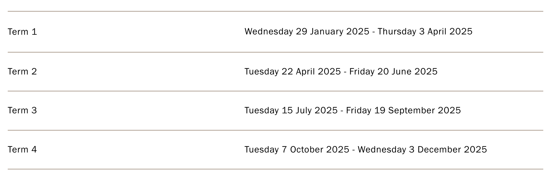 Ladies Term Dates